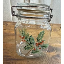 Vintage KIG Indonesia Holly Berry Winter Holiday Glass Locking Lid Canister Jar picture
