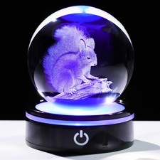 3D Laser Engraved Squirrel Figurine with Colorful Light Base - Unique Glass Orna picture