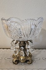 VTG Hollywood Regency Compote Serving Bowl Glass, Crystal Gold Gilt Metal Base. picture