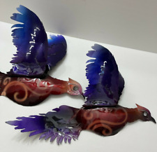 2 Pheasant's Hammered Metal Colorful Folk Art Purple Blue Browns Pheasant Mexico picture