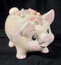 Lefton Ceramic Pig Piggy Bank w/ Applied Floral Roses, Coin Slot picture