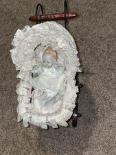 Vintage Japanese Bisque Baby Doll in Miniature Wicker Carriage Stroller Pram picture