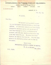 1906 International Harvester letter re: engines & separators picture