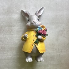 Gray Rabbit Figurine Yellow Coat Holding Flowers, Resin Matte Finish picture