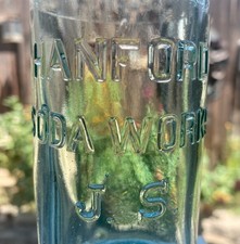 Vtg Hanford Soda Works J.S. Kings County California Crown Top Aqua Glass Bottle picture