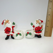 Vtg 1958 Holt Howard Pair Ceramic Santa Claus Christmas Candle Holder Taper picture