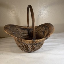 Antique Vintage Chinese Woven Reed Coated Fish Basket Bamboo Round Handle HUGE picture