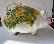 Vintage Kitsch White Plastic Piggy Bank Universal Statuary 1976 Yellow Flowers picture