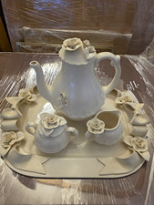 Paper Windows USA Ceramic Tea Coffee Set Teapot Creamer Sugar Tray Applied Roses picture