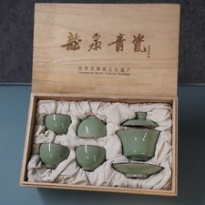 Longquan Celadon Gaiwan Tea Set Ge Kiln Ice Crackle Kung Fu 4 Cups Wooden Box Ne picture