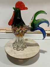 Heavy Art Glass Decor 8.75”T Confetti Rooster On Pedestal Bright and Colorful picture