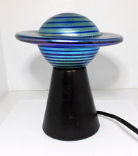 Signed Lundberg Studios Hand Blown Iridescent Saturn Planet Art Glass Lamp 1991 picture