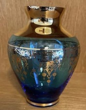 Vintage Ferro Lazzarini Murano Blue Art Glass Vase with 24K Gold Gilt Trim picture