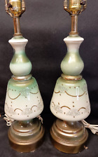 MCM Pair Reverse Painted Metallic 3 Color Layered Applied Paint Glass Lamps Vtg. picture