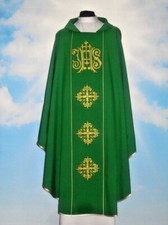 #Green Chasuble and Stole, Embroidered IHS Design Priest's Chasuble Vestment picture