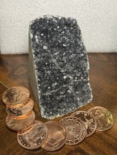 Natural Black Amethyst Crystal Cluster Geode Specimen, 2 lb 3 oz & 8 Copper Coin picture