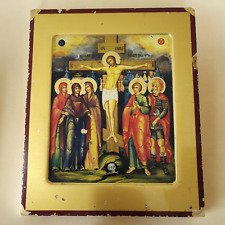 Vintage Wooden Crucifixion Icon of The Lord Jesus Gold Leaf Handmade in Greece picture