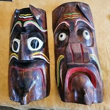 MCM Tiki Wooden Masks Handcarved Painted Set (2) OOAK Vintage 18