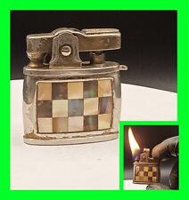 Unique Vintage Silver Plated Checkerboard Mother Of Pearl Petrol Lighter Working picture