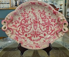 Pink, White Chinoiserie Porcelain Platter.Bow Shape Handles.Hand Painted-12.5”L picture