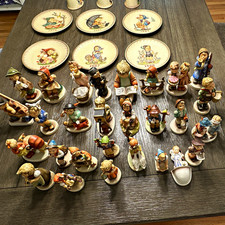 Hummel Style Collectible Figurines Lot w/ Dated Plates Decorative Plates & Bells picture