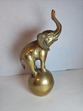 Brass Elephant Figurine Balancing On Ball Sculpture Home Decor 8.5 Inch Vtg picture