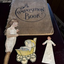 Antique 1909  Composition School Notebook Folk Art Drawings & Paper Dolls Lot picture