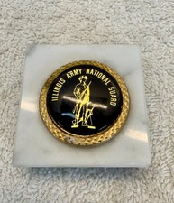 Vintage Illinois Army National Guard Paperweight Marble Base Gold Black Emblem picture