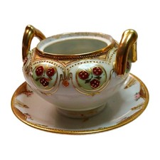 Antique Nippon Porcelain Sugar Bowl Saucer Floral Gold Trim and berries picture