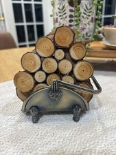 Mid Century Brass Lion Head Log Holder with 5 Wood Slice Log Coaster Set Unique picture