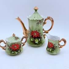 VTG Lefton Poinsettia Coffee/Tea Set Pot Creamer Sugar Gold Trim 1950s Japan picture