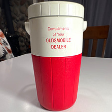 Vintage Coleman Oldsmobile Dealer Promo Water Jug Cooler 1/2 Gallon Red White picture