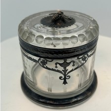 Vintage Etched Glass Trinket Jar Silver Overlay Honey Bee Finial Vanity Box picture