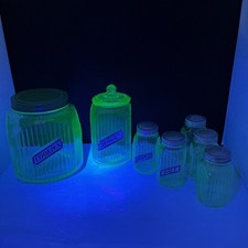 Vtg 1930s Uranium Glass 7pc Hoosier Canister Shaker Set Green Ribbed picture