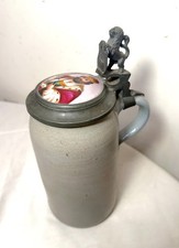 Antique 1Ltr. early 1800's German pottery pewter lidded beer stein mug tankard picture
