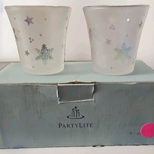 NEW in Box Partylite Snowy Nights Pair Votive Holders Frosted Glass iridescent  picture