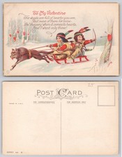 Vintage Valentine Postcard Native American Children Wolf Sled Hearts Snow picture