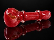 Ruby Red Glass Tobacco Hand Pipe with Amber Accents and Clear Glass Rings picture