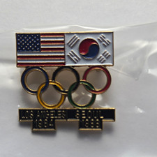 Olympic Rings USA & South Korea Flags Pin Los Angeles 1984 Seoul 1988 picture