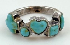 Vtg 925 Sterling Silver Turquoise Heart Cross Stone Southwestern Ring Sz 5.5 picture