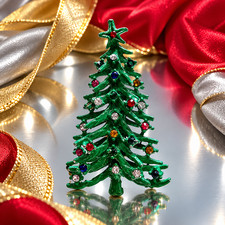 1940s Old Vintage Christmas Tree Pin Old Dr Suess Frasier Fur Rhinestone Design picture