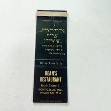 Dean's Restaurant Monticello IN Vintage Matchbook Cover 4MB109-4 picture
