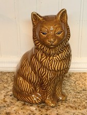 Vintage Made in Brazil Ceramic Cat Figurine 8.5” Amber Brown Blue Eyes picture