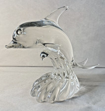 Vintage Signed Clear Crystal Dolphin Murano Art Glass Ocean Wave Sculpture picture