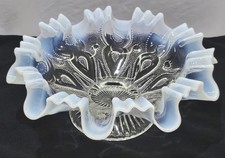 Vintage Dugan White Blue Ruffled Keyhole Opalescent  Bowl Dish Decor picture