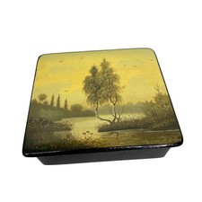 Vintage Russian Lacquer Trinket Box Keepsake Hand Painted Tree Landscape Signed picture