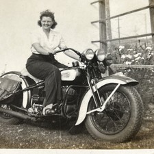 VTG Black and White Snapshot Photo W/ Harley Davidson Motorcycle Woman picture