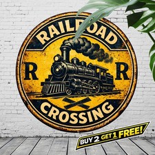 Railroad Crossing Industrial 8x8 Round Metal Tin Sign Vintage Train Decor picture