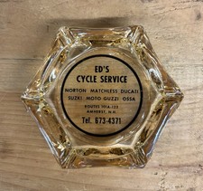 Vintage Ed's Cycle Motorcycle Service Amber Glass Advertising Ashtray NH picture