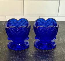 2 Vintage Degenhart Cobalt Blue Toothpick Holders - Heart Shaped picture